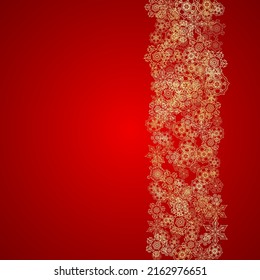 Christmas snowflakes on red background. Glitter frame for seasonal winter banners, gift coupon, voucher, ads, party event. Santa Claus colors with golden Christmas snowflakes. Falling snow for holiday