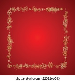 Christmas snowflakes on red background. Glitter frame for seasonal winter banners, gift coupon, voucher, ads, party event. Santa Claus colors with golden Christmas snowflakes. Falling snow for holiday
