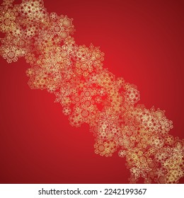 Christmas snowflakes on red background. Glitter frame for seasonal winter banners, gift coupon, voucher, ads, party event. Santa Claus colors with golden Christmas snowflakes. Falling snow for holiday