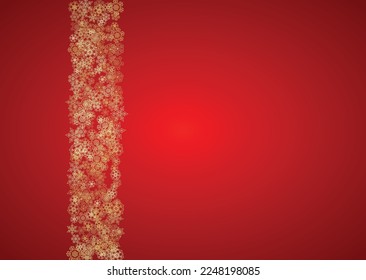 Weihnachtsschneeflocken auf rotem Hintergrund. Horizontaler Glitterrahmen für Winterbanner, Geschenkgutschein, Gutschein, Werbung, Partyveranstaltung. Die Farbe des Weihnachtsmannes mit goldenen Weihnachtsschneeflocken. Schneefall für den Urlaub