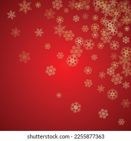 Christmas snowflakes on red background. Glitter frame for seasonal winter banners, gift coupon, voucher, ads, party event. Santa Claus colors with golden Christmas snowflakes. Falling snow for holiday