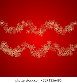 Christmas snowflakes on red background. Glitter frame for seasonal winter banners, gift coupon, voucher, ads, party event. Santa Claus colors with golden Christmas snowflakes. Falling snow for holiday