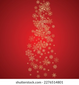 Christmas snowflakes on red background. Glitter frame for seasonal winter banners, gift coupon, voucher, ads, party event. Santa Claus colors with golden Christmas snowflakes. Falling snow for holiday