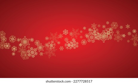 Christmas snowflakes on red background. Horizontal glitter frame for winter banner, gift coupon, voucher, ads, party event. Santa Claus color with golden Christmas snowflakes. Falling snow for holiday