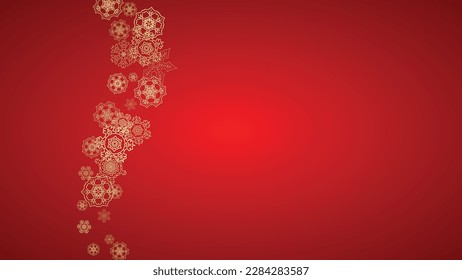 Christmas snowflakes on red background. Horizontal glitter frame for winter banner, gift coupon, voucher, ads, party event. Santa Claus color with golden Christmas snowflakes. Falling snow for holiday