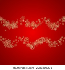 Christmas snowflakes on red background. Glitter frame for seasonal winter banners, gift coupon, voucher, ads, party event. Santa Claus colors with golden Christmas snowflakes. Falling snow for holiday