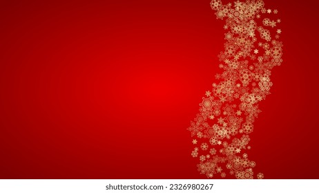 Christmas snowflakes on red background. Horizontal glitter frame for winter banner, gift coupon, voucher, ads, party event. Santa Claus color with golden Christmas snowflakes. Falling snow for holiday