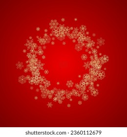 Christmas snowflakes on red background. Glitter frame for seasonal winter banners, gift coupon, voucher, ads, party event. Santa Claus colors with golden Christmas snowflakes. Falling snow for holiday