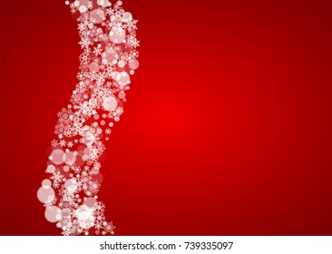 Christmas snowflakes on red background. Santa Claus colors. Horizontal frame for winter banner, gift coupon, voucher, ads, party events with Christmas snowflakes. Falling snow for holiday celebration