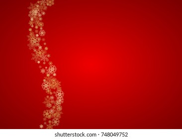 Christmas snowflakes on red background. Horizontal glitter frame for winter banner, gift coupon, voucher, ads, party event. Santa Claus color with golden Christmas snowflakes. Falling snow for holiday