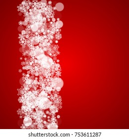Christmas snowflakes on red background. Frame for seasonal winter banners, gift coupons, vouchers, ads, party events. Santa Claus colors with Christmas snowflakes. Falling snow for holiday celebration