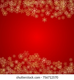 Christmas snowflakes on red background. Glitter frame for seasonal winter banners, gift coupon, voucher, ads, party event. Santa Claus colors with golden Christmas snowflakes. Falling snow for holiday
