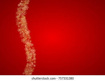 Christmas snowflakes on red background. Horizontal glitter frame for winter banner, gift coupon, voucher, ads, party event. Santa Claus color with golden Christmas snowflakes. Falling snow for holiday