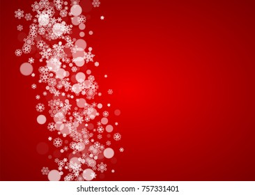 Christmas snowflakes on red background. Santa Claus colors. Horizontal frame for winter banner, gift coupon, voucher, ads, party events with Christmas snowflakes. Falling snow for holiday celebration