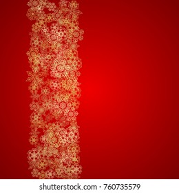 Christmas snowflakes on red background. Glitter frame for seasonal winter banners, gift coupon, voucher, ads, party event. Santa Claus colors with golden Christmas snowflakes. Falling snow for holiday