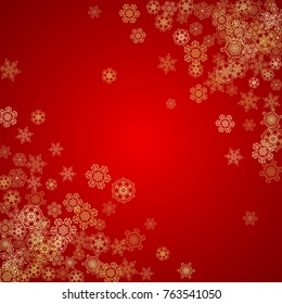 Christmas snowflakes on red background. Glitter frame for seasonal winter banners, gift coupon, voucher, ads, party event. Santa Claus colors with golden Christmas snowflakes. Falling snow for holiday