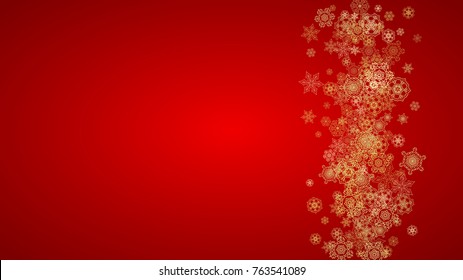 Christmas snowflakes on red background. Horizontal glitter frame for winter banner, gift coupon, voucher, ads, party event. Santa Claus color with golden Christmas snowflakes. Falling snow for holiday
