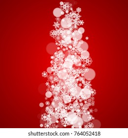 Christmas snowflakes on red background. Frame for seasonal winter banners, gift coupons, vouchers, ads, party events. Santa Claus colors with Christmas snowflakes. Falling snow for holiday celebration