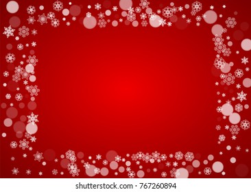 Christmas snowflakes on red background. Santa Claus colors. Horizontal frame for winter banner, gift coupon, voucher, ads, party events with Christmas snowflakes. Falling snow for holiday celebration