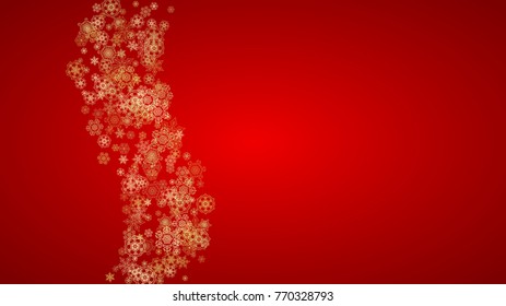 Christmas snowflakes on red background. Horizontal glitter frame for winter banner, gift coupon, voucher, ads, party event. Santa Claus color with golden Christmas snowflakes. Falling snow for holiday