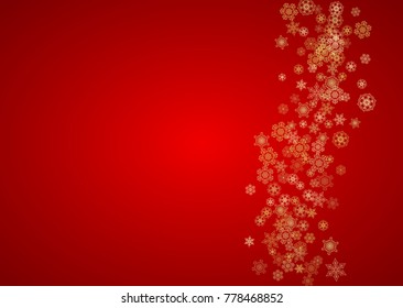 Christmas snowflakes on red background. Horizontal glitter frame for winter banner, gift coupon, voucher, ads, party event. Santa Claus color with golden Christmas snowflakes. Falling snow for holiday