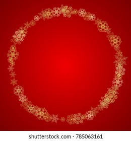 Christmas snowflakes on red background. Glitter frame for seasonal winter banners, gift coupon, voucher, ads, party event. Santa Claus colors with golden Christmas snowflakes. Falling snow for holiday