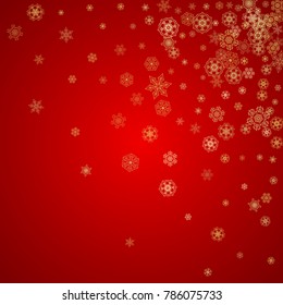 Christmas snowflakes on red background. Glitter frame for seasonal winter banners, gift coupon, voucher, ads, party event. Santa Claus colors with golden Christmas snowflakes. Falling snow for holiday
