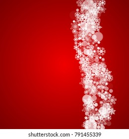 Christmas snowflakes on red background. Frame for seasonal winter banners, gift coupons, vouchers, ads, party events. Santa Claus colors with Christmas snowflakes. Falling snow for holiday celebration