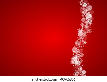 Christmas snowflakes on red background. Santa Claus colors. Horizontal frame for winter banner, gift coupon, voucher, ads, party events with Christmas snowflakes. Falling snow for holiday celebration