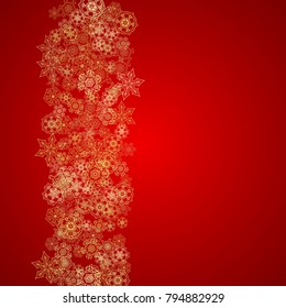 Christmas snowflakes on red background. Glitter frame for seasonal winter banners, gift coupon, voucher, ads, party event. Santa Claus colors with golden Christmas snowflakes. Falling snow for holiday