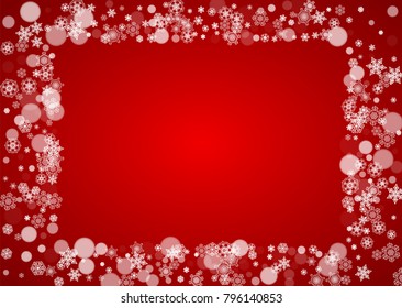 Christmas snowflakes on red background. Santa Claus colors. Horizontal frame for winter banner, gift coupon, voucher, ads, party events with Christmas snowflakes. Falling snow for holiday celebration