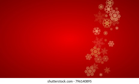 Christmas snowflakes on red background. Horizontal glitter frame for winter banner, gift coupon, voucher, ads, party event. Santa Claus color with golden Christmas snowflakes. Falling snow for holiday