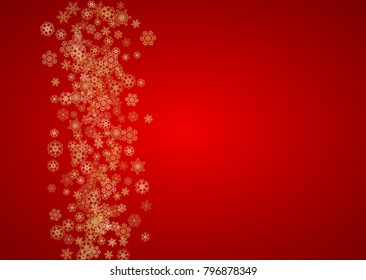 Christmas snowflakes on red background. Horizontal glitter frame for winter banner, gift coupon, voucher, ads, party event. Santa Claus color with golden Christmas snowflakes. Falling snow for holiday