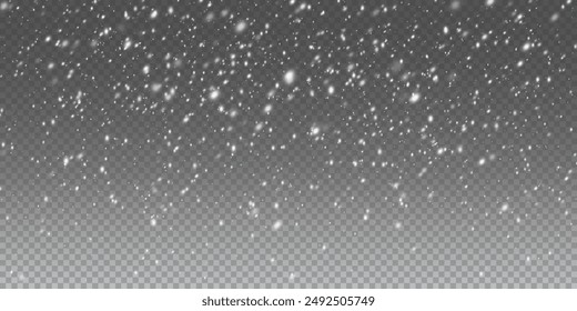 Christmas snowflakes on a transparent background. Snow flakes, snow background. Heavy snowfall, snowflakes in different shapes and forms.