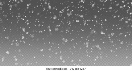 Christmas snowflakes on a transparent background. Snow flakes, snow background. Heavy snowfall, snowflakes in different shapes and forms.	
