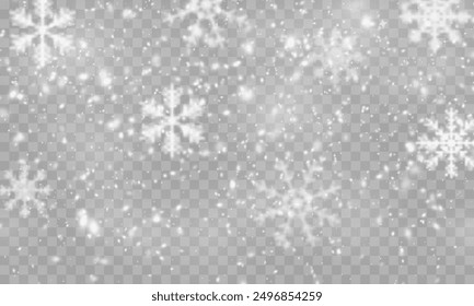 Christmas snowflakes on a transparent background. Snow flakes, snow background. Heavy snowfall, snowflakes in different shapes and forms.	
