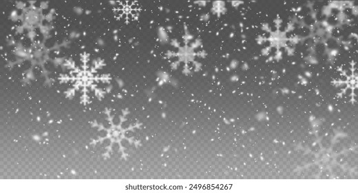 Christmas snowflakes on a transparent background. Snow flakes, snow background. Heavy snowfall, snowflakes in different shapes and forms.	
