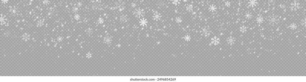 Christmas snowflakes on a transparent background. Snow flakes, snow background. Heavy snowfall, snowflakes in different shapes and forms.	
