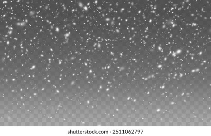 Christmas snowflakes on a transparent background. Snow flakes, snow background. Heavy snowfall, snowflakes in different shapes and forms.