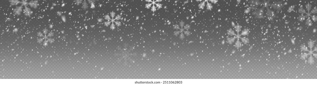 Flocos de neve de Natal em um fundo transparente. Flocos de neve, fundo de neve. Pesada queda de neve, flocos de neve em diferentes formas e formas.