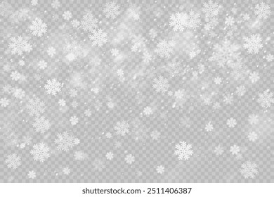 Flocos de neve de Natal em um fundo transparente. Flocos de neve, fundo de neve. Pesada queda de neve, flocos de neve em diferentes formas e formas.