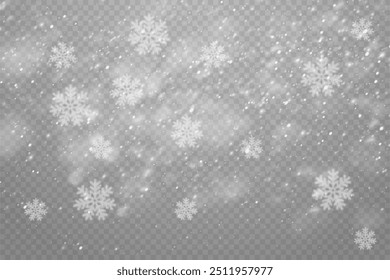 Flocos de neve de Natal em um fundo transparente. Flocos de neve, fundo de neve. Pesada queda de neve, flocos de neve em diferentes formas e formas.