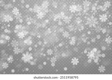 Flocos de neve de Natal em um fundo transparente. Flocos de neve, fundo de neve. Pesada queda de neve, flocos de neve em diferentes formas e formas.