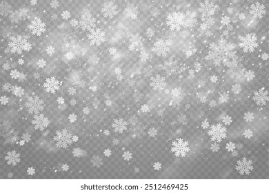 Flocos de neve de Natal em um fundo transparente. Flocos de neve, fundo de neve. Pesada queda de neve, flocos de neve em diferentes formas e formas.