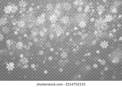 Flocos de neve de Natal em um fundo transparente. Flocos de neve, fundo de neve. Pesada queda de neve, flocos de neve em diferentes formas e formas.