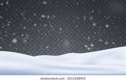 Christmas snowflakes on a transparent background. Snow flakes, snow background. Heavy snowfall, snowflakes in different shapes and forms. Snow realistic landscape background