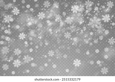 Flocos de neve de Natal em um fundo transparente. Flocos de neve, fundo de neve. Pesada queda de neve, flocos de neve em diferentes formas e formas.