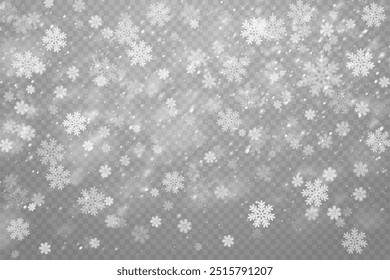 Flocos de neve de Natal em um fundo transparente. Flocos de neve, fundo de neve. Pesada queda de neve, flocos de neve em diferentes formas e formas.