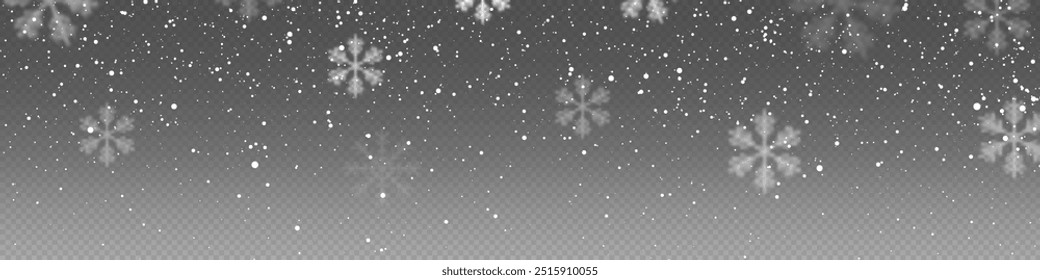 Flocos de neve de Natal em um fundo transparente. Flocos de neve, fundo de neve. Pesada queda de neve, flocos de neve em diferentes formas e formas.