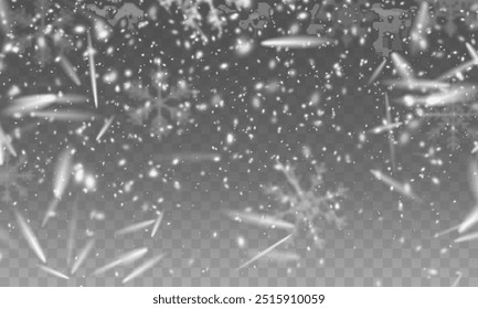 Flocos de neve de Natal em um fundo transparente. Flocos de neve, fundo de neve. Pesada queda de neve, flocos de neve em diferentes formas e formas.